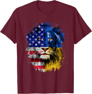 Ukrainian American Flag Ukraine Lion Face USA Ukraine Flag T-Shirt - T-Shirt | Maroon