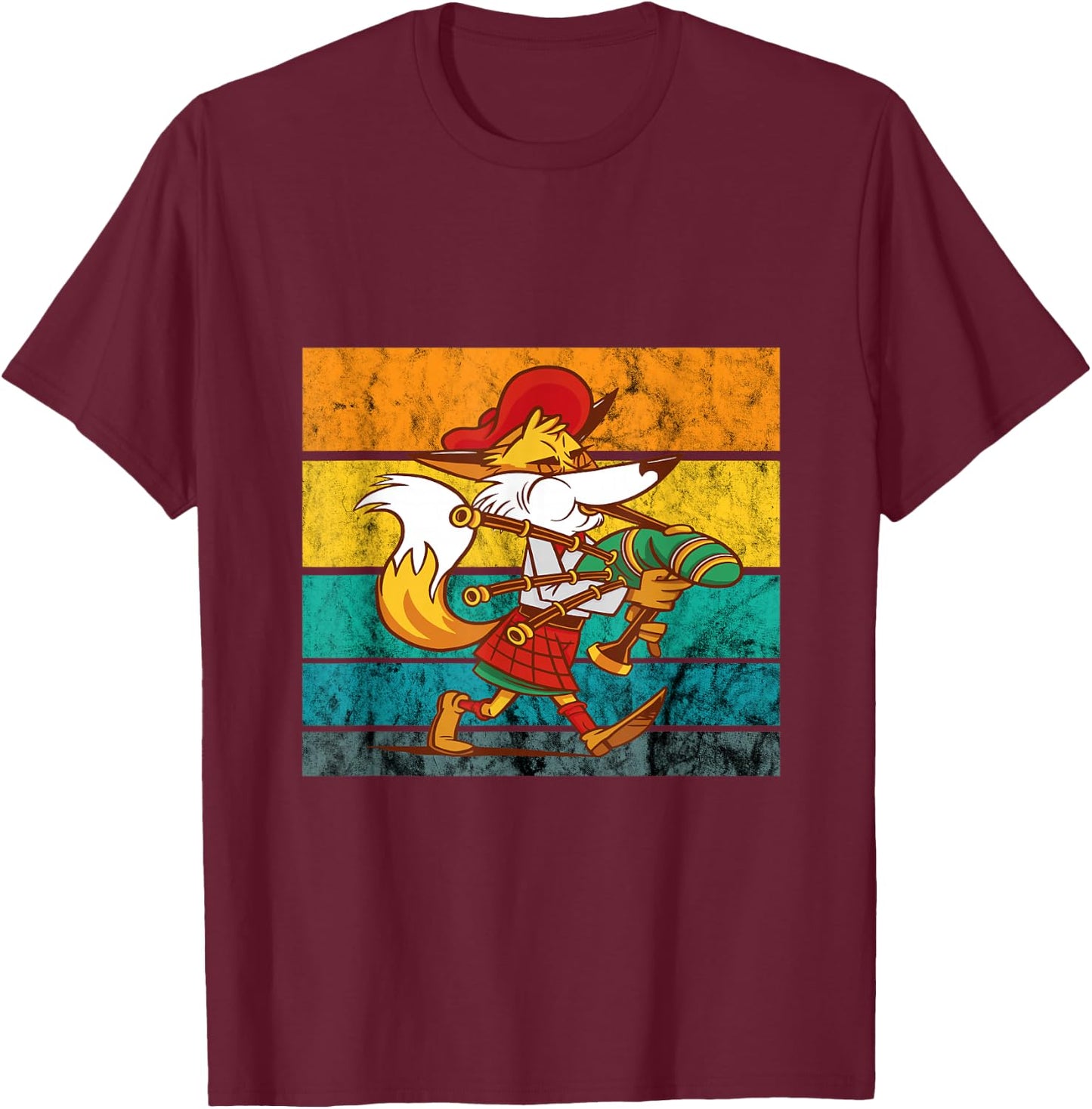 Bagpipe Retro Vintage Irish Fox Scottish Bagpipe Music T-Shirt - T-Shirt | Maroon