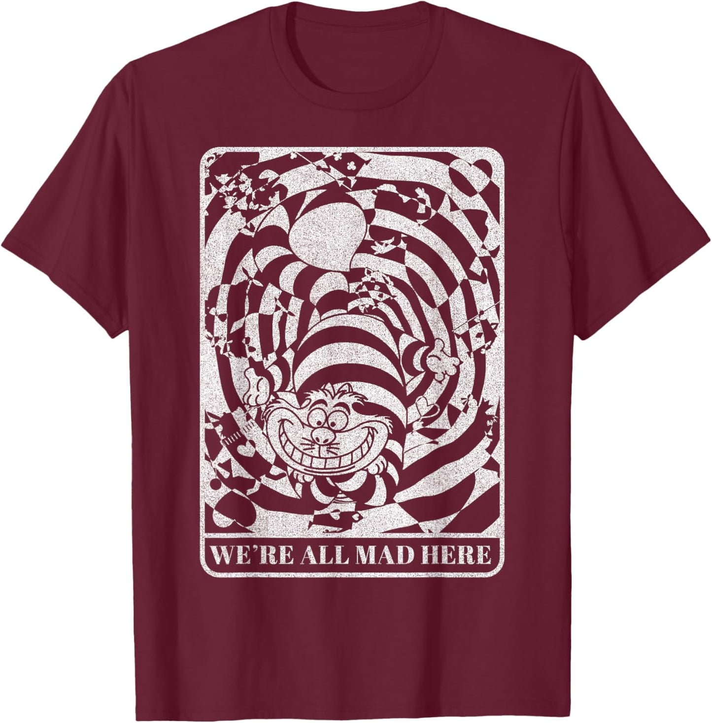 Disney Alice in Wonderland Cheshire Cat We're All Mad Here Small T-Shirt - T-Shirt | Maroon