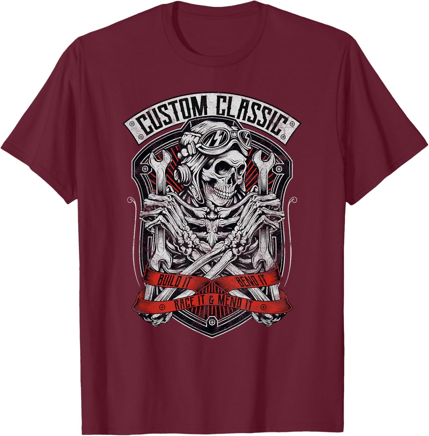 Skeleton Mechanic Design Classic Biker, Speedway, Hot Rod T-Shirt - T-Shirt | Maroon