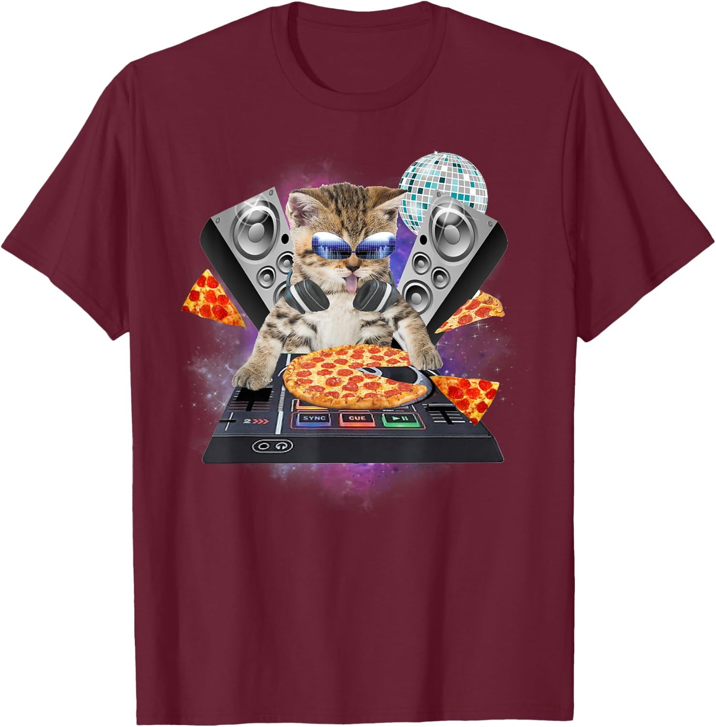Funny Galaxy DJ Pizza Cat Gift | Space Pizza Kitty Women Kids T-Shirt - T-Shirt | Maroon