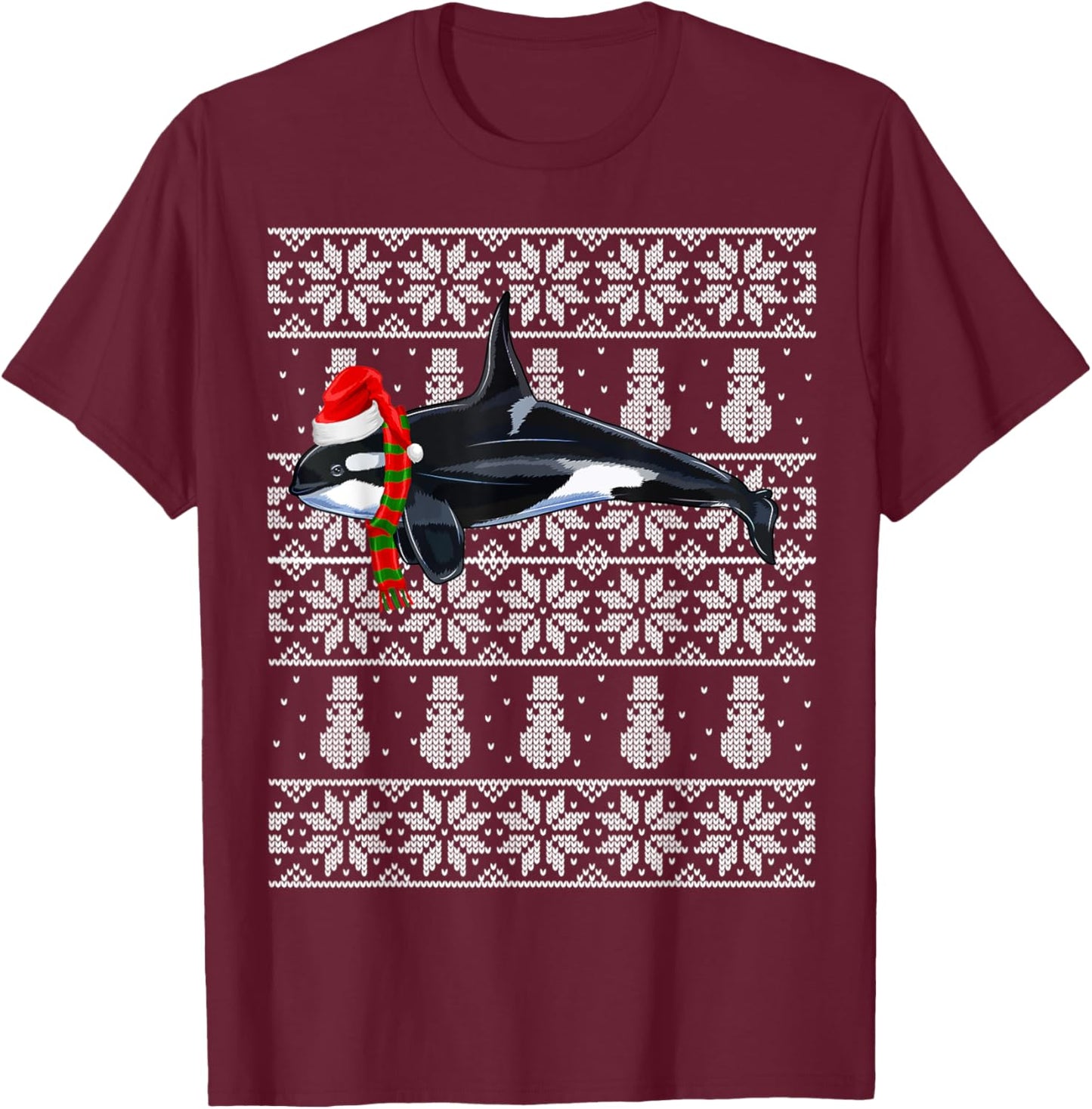 Xmas Santa Hat Orca Killer Whale Ugly Christmas T-Shirt - T-Shirt | Maroon