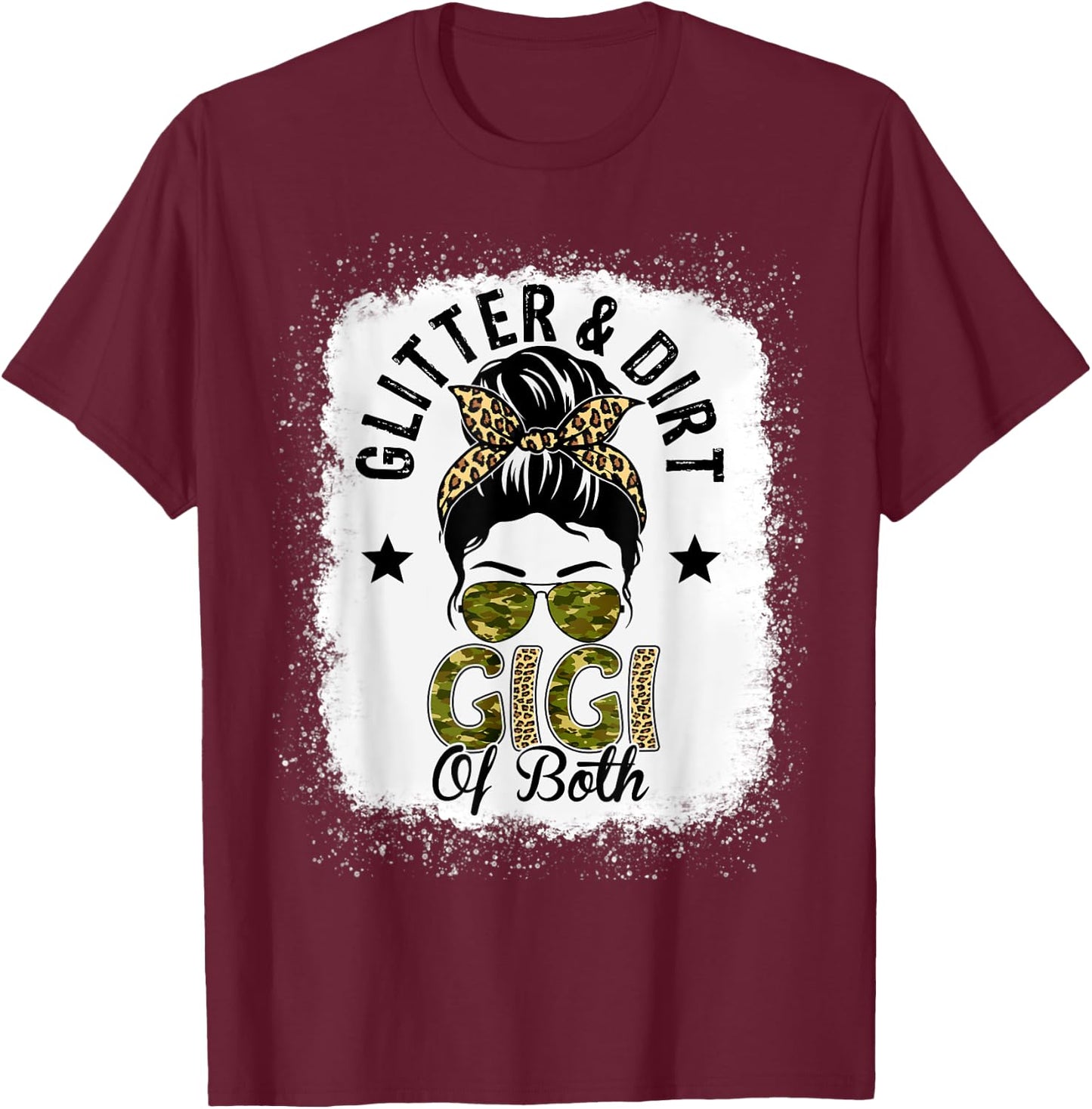 Gigi Of Both Messy Bun Leopard Camo Bleached Mother's Day T-Shirt - T-Shirt | Maroon