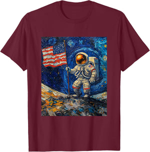 Astronaut on Moon Van Gogh Style Starry Night Graphic T-Shirt - T-Shirt | Maroon