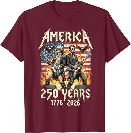George Washington Abe Lincoln Playing Guitar USA 250 Vintage T-Shirt - T-Shirt | Maroon