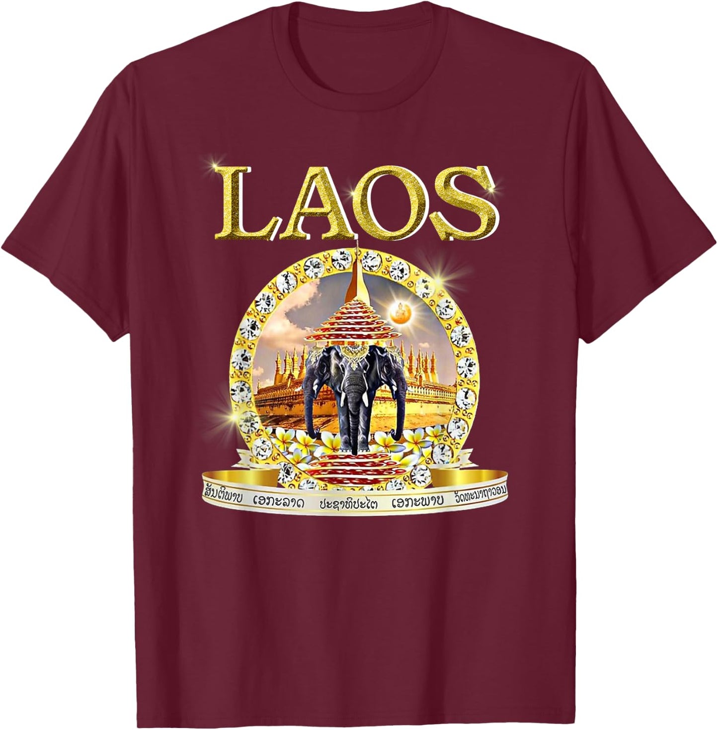 Laotian 3 Headed Elephant Erawan Buddhist Laos T-Shirt - T-Shirt | Maroon