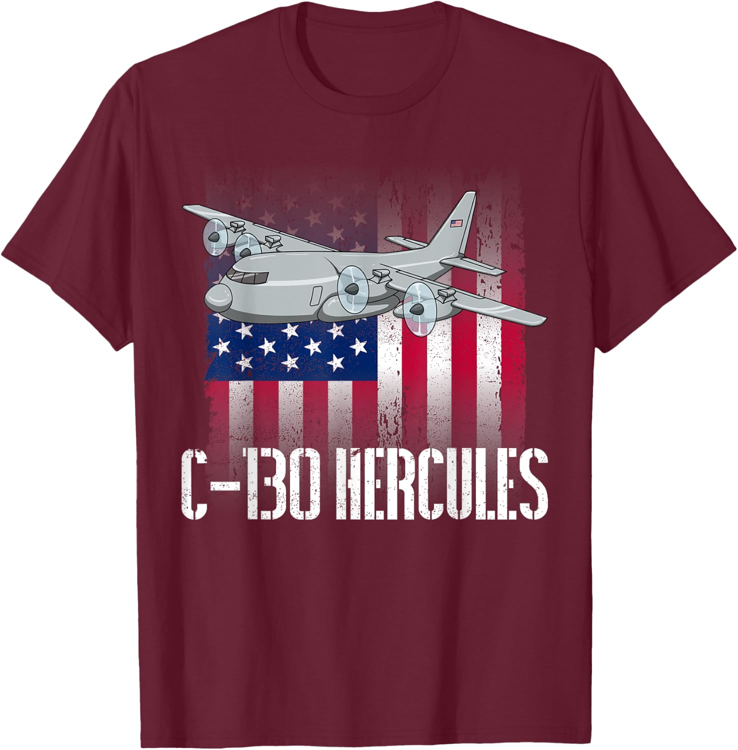 THE SALTY VETERAN C-130 Hercules American Flag Military Airplane - Black, -Adults, Small, Short Sleeve, Modern, Casual, Military, Independence Day, Memorial Day T-Shirt - T-Shirt | Maroon