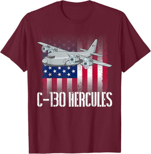 THE SALTY VETERAN C-130 Hercules American Flag Military Airplane - Black, -Adults, Small, Short Sleeve, Modern, Casual, Military, Independence Day, Memorial Day T-Shirt - T-Shirt | Maroon