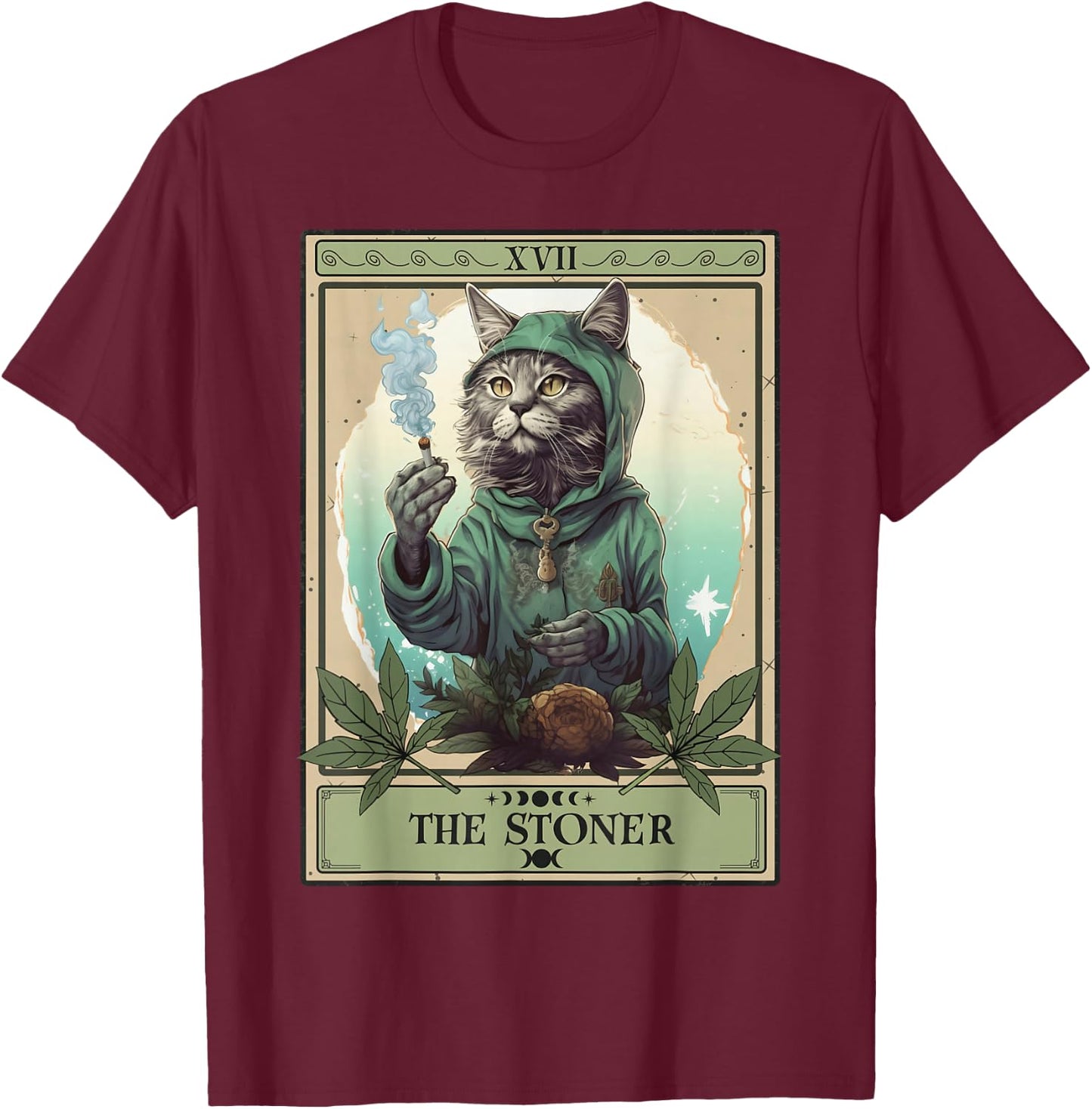 The Stoner Cat Tarot Card | Cannabis Weed Lover Marijuana T-Shirt - T-Shirt | Maroon