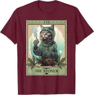 The Stoner Cat Tarot Card | Cannabis Weed Lover Marijuana T-Shirt - T-Shirt | Maroon