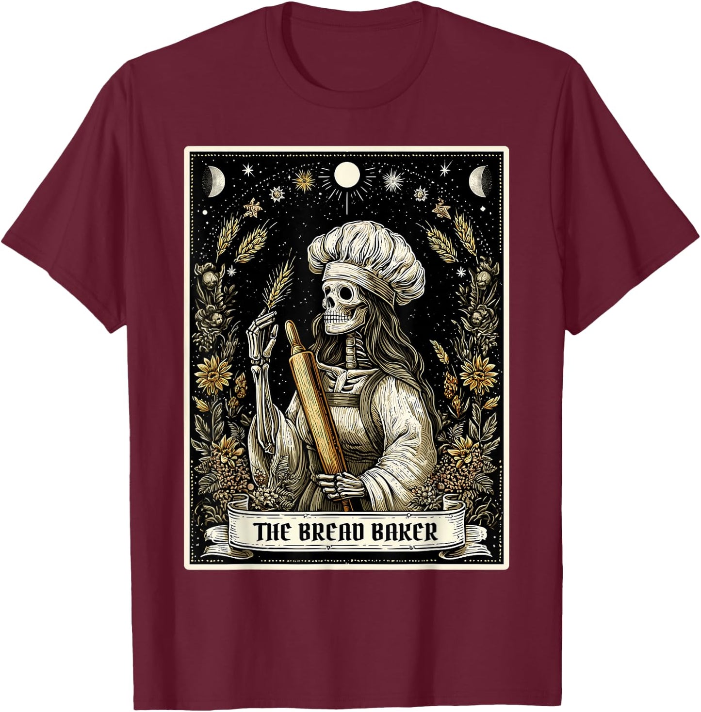 The Bread Baker Bread Baking Tarot Card Skeleton Witchy T-Shirt - T-Shirt | Maroon
