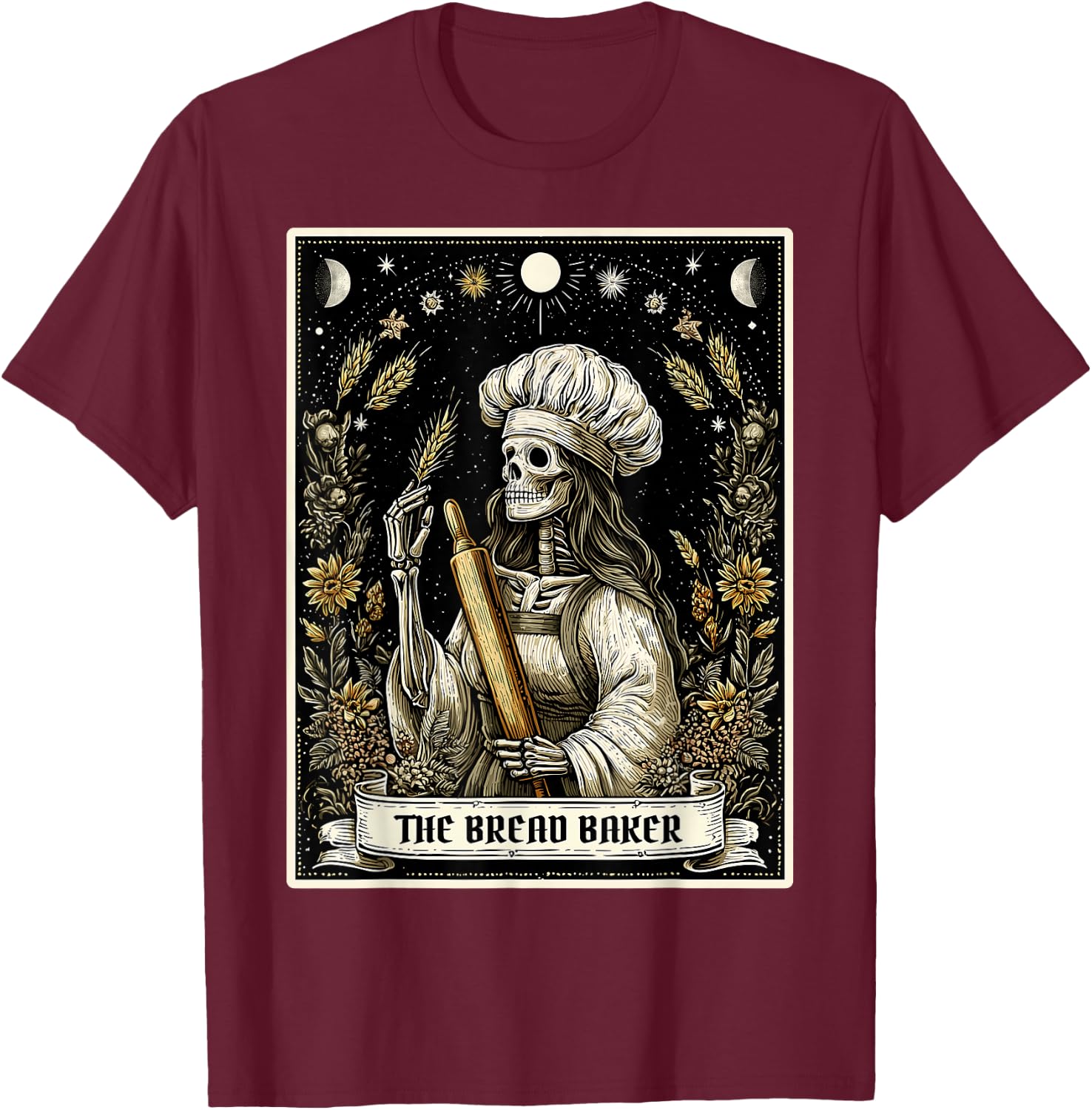The Bread Baker Bread Baking Tarot Card Skeleton Witchy T-Shirt - T-Shirt | Maroon