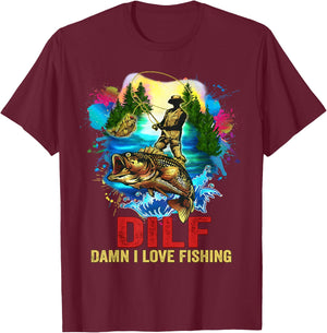 Funny Men's Fishing Dilf Shirt I Love Fishing Addict T-Shirt - T-Shirt | Maroon
