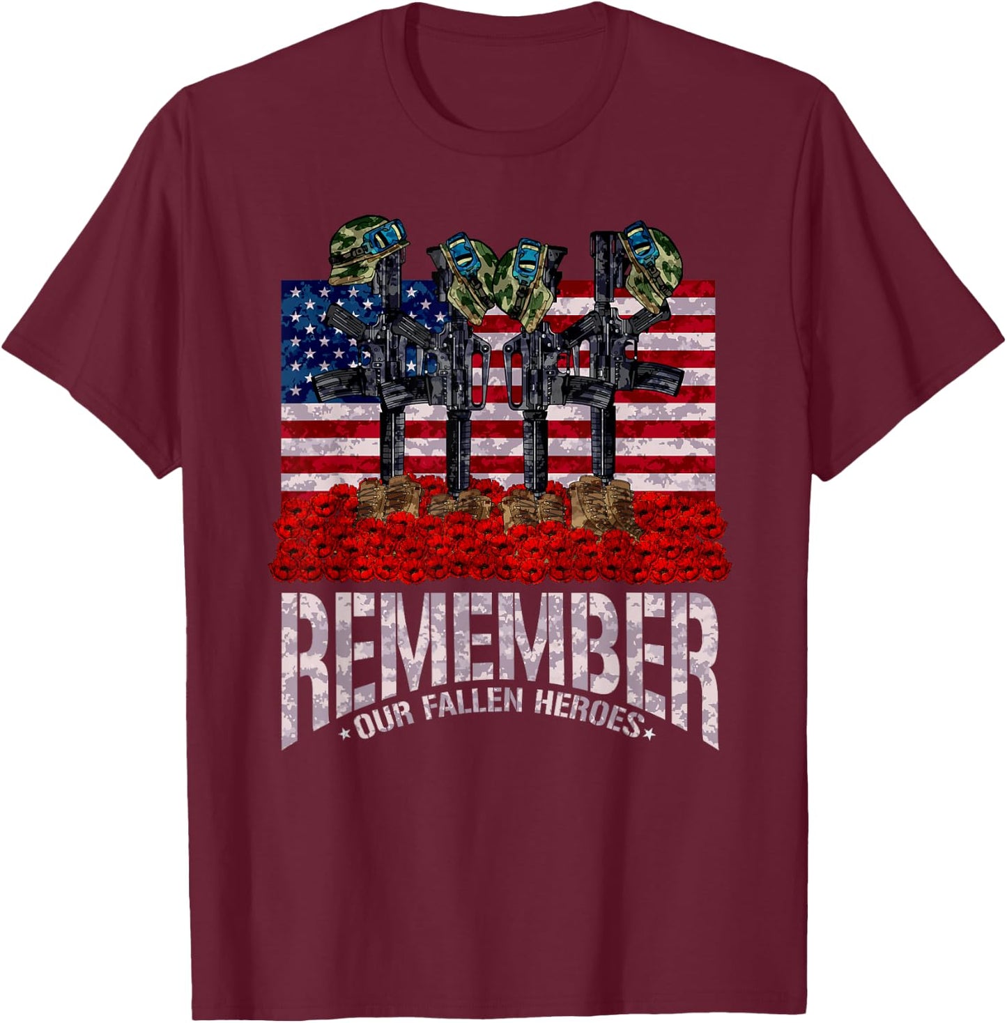 Remember Fallen Heroes Poppy Memorial Day Veteran Soldier T-Shirt - T-Shirt | Maroon