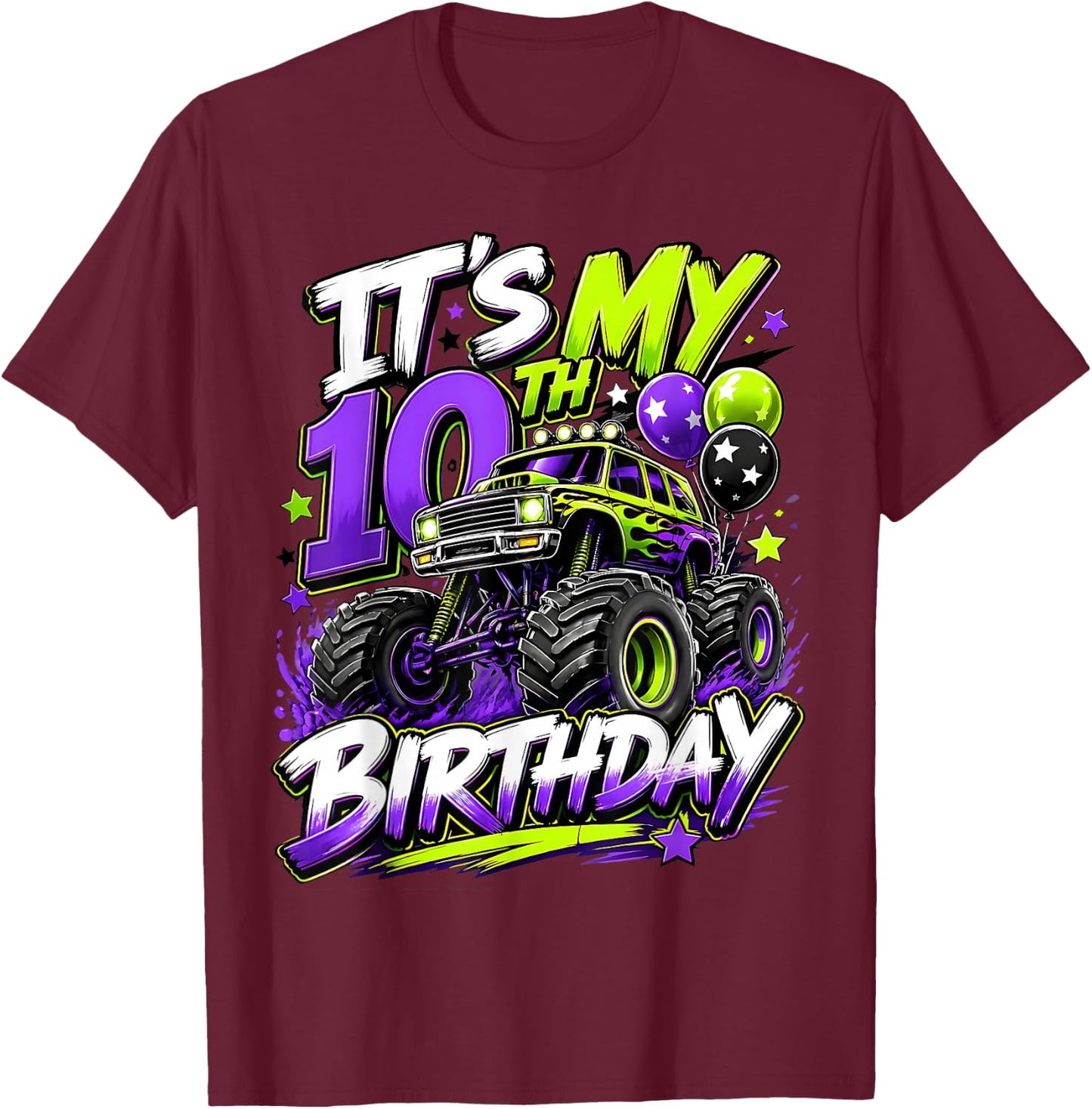 10th Birthday Monster Truck Party 10 Years Old Boys Theme T-Shirt - T-Shirt | Maroon