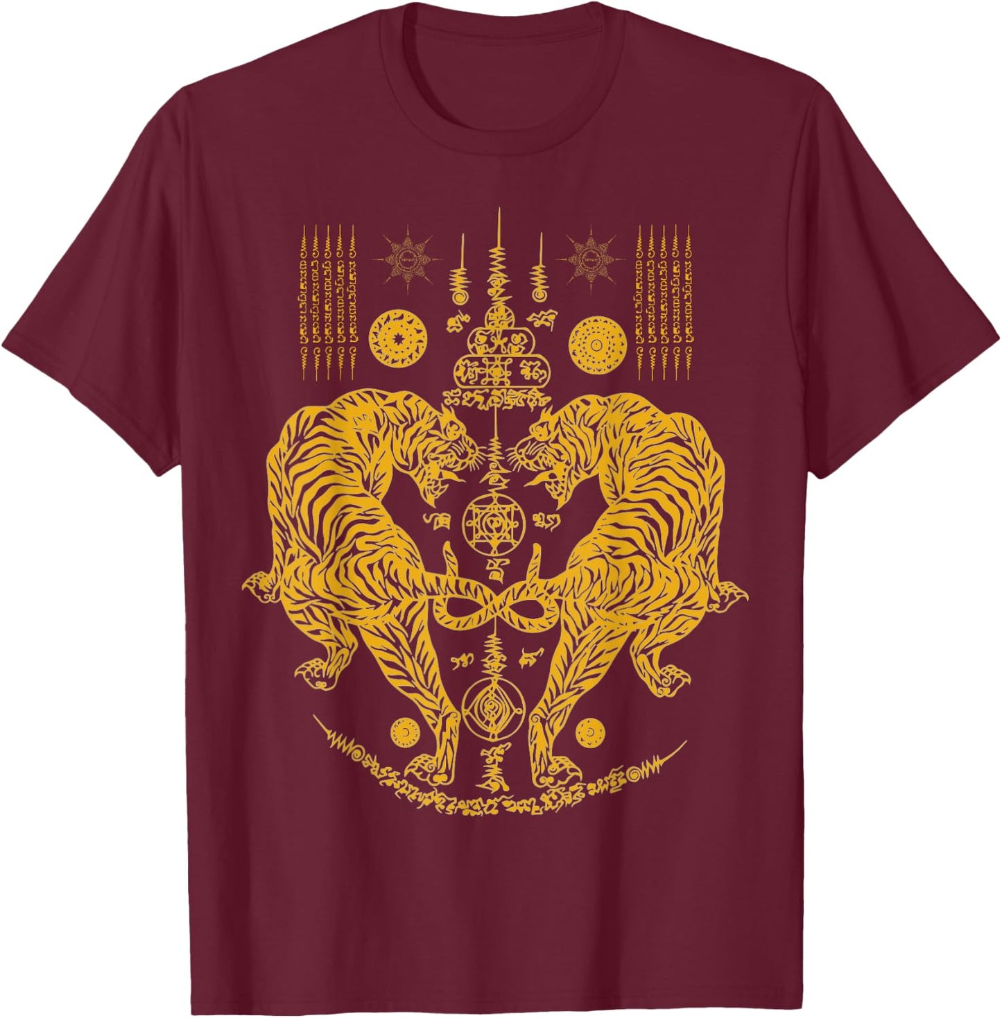 Sawadee Thai Traditional Sak Yant Thai Twin Tigers Muay Thai T-Shirt - T-Shirt | Maroon
