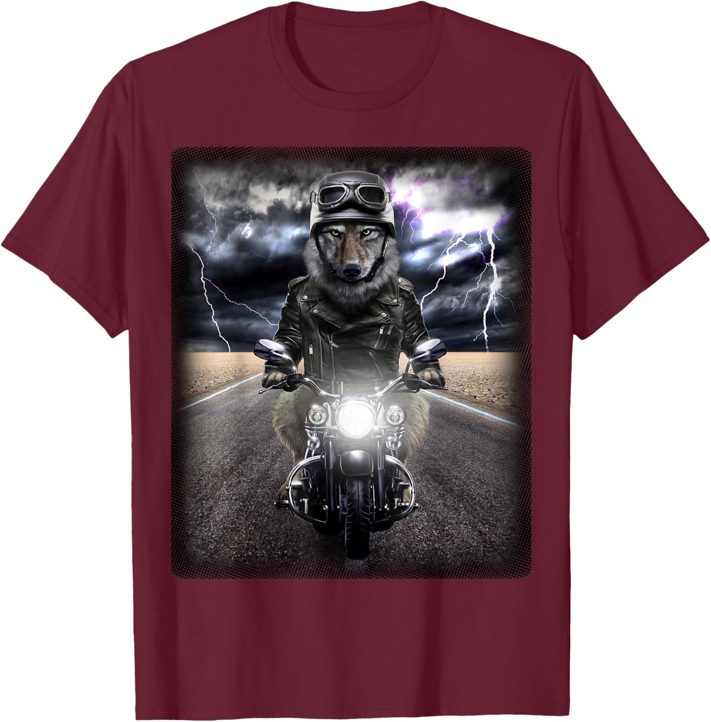 Mean Biker Wolf Cruising on Motorcycle in Highway T-Shirt - T-Shirt | Maroon