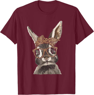 Cute Nerd Easter Bunny Mom Leopard Bandana Rabbit Easter T-Shirt - T-Shirt | Maroon