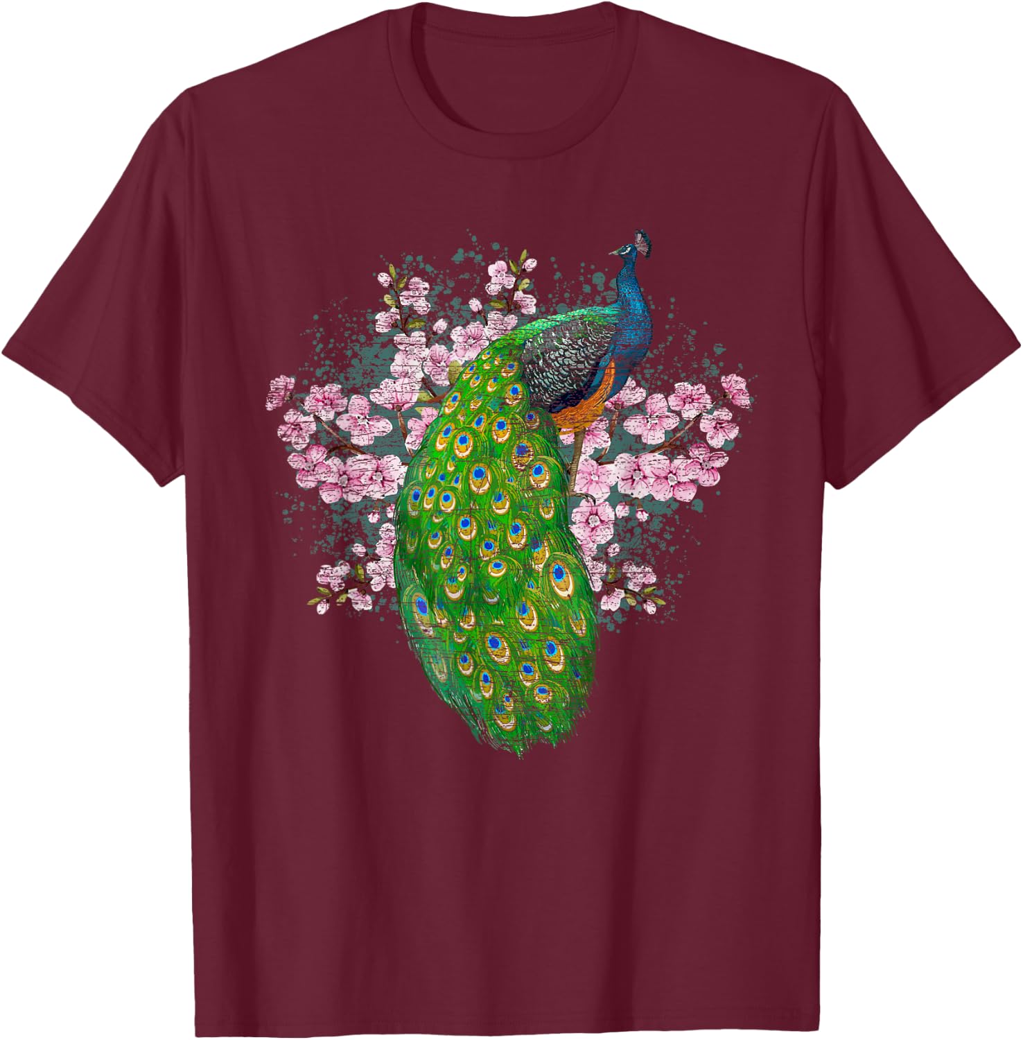 India Bird Sakura Decorative Animal Cherry Blossom Peacock T-Shirt - T-Shirt | Maroon