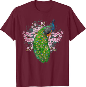 India Bird Sakura Decorative Animal Cherry Blossom Peacock T-Shirt - T-Shirt | Maroon