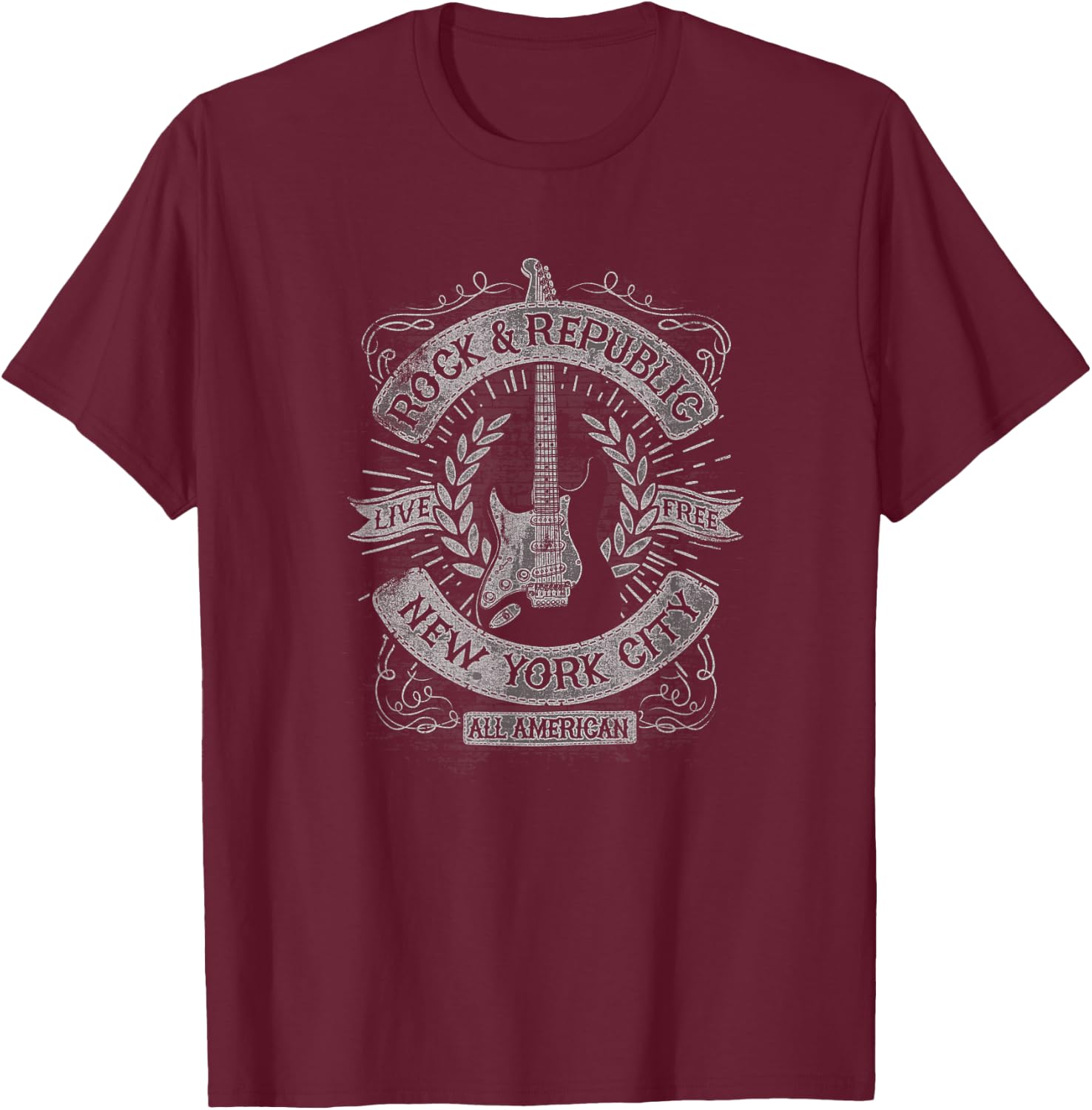 Trendy Rock And Republic NY Guitar Poster T-Shirt - T-Shirt | Maroon