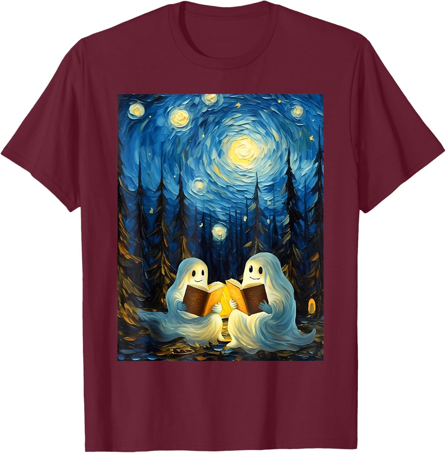 Van Gogh Starry Night Ghost Book Reading Camping Halloween T-Shirt - T-Shirt | Maroon
