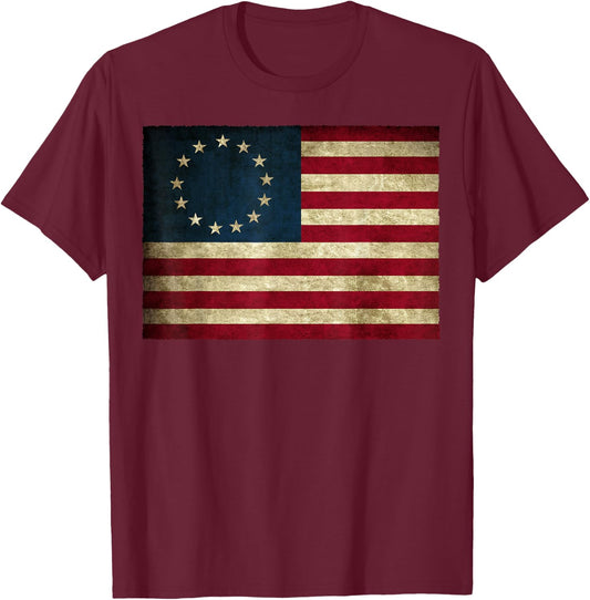 Betsy Ross flag Shirt 4th of July American Flag 1776 Vintage Women Kids Men T-Shirt - T-Shirt | Maroon