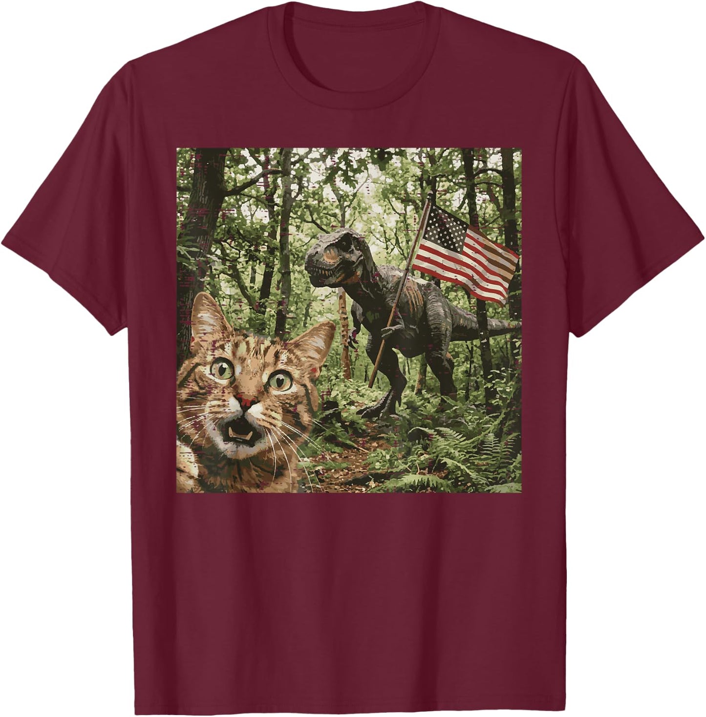 Cat Dino Trex Selfie US Flag Funny 4th of July Men Women Kid T-Shirt - T-Shirt | Maroon