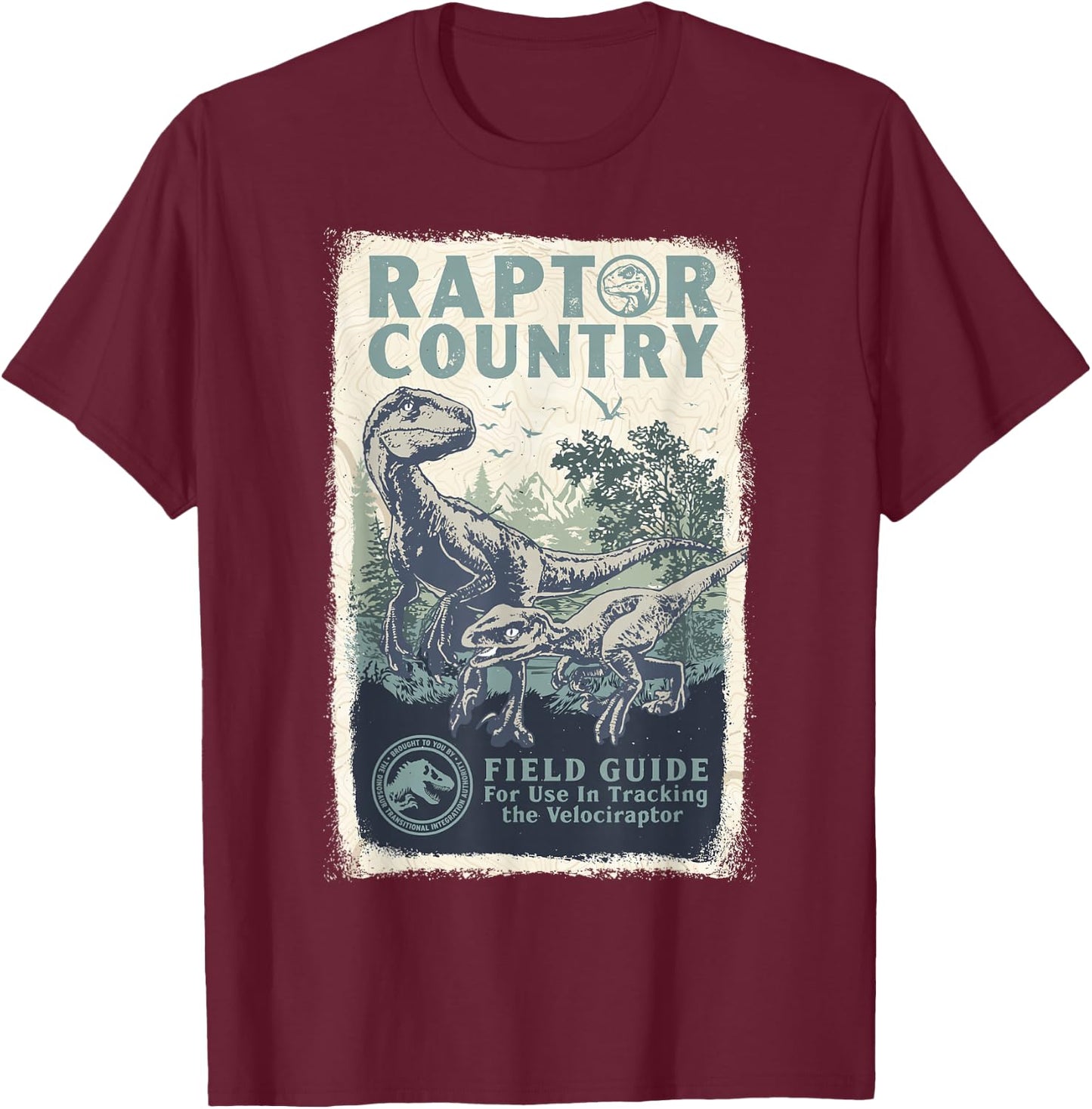 Jurassic World Dominion Velociraptor Raptor Country Poster T-Shirt - T-Shirt | Maroon