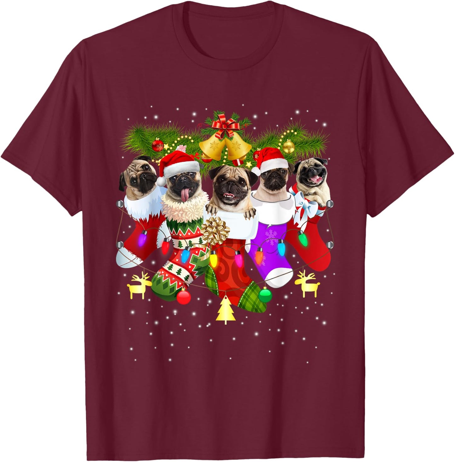 Santa Pugs in Christmas Socks Funny Xmas Dog Lover Pug Mom T-Shirt - T-Shirt | Maroon
