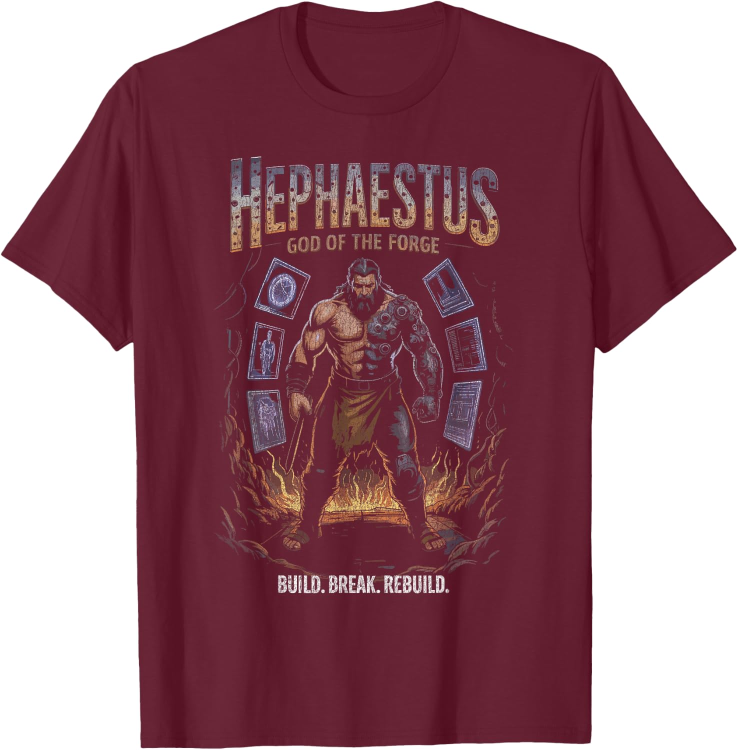Hephaestus Cyber Arm God of the Forge Build Power Flames T-Shirt - T-Shirt | Maroon