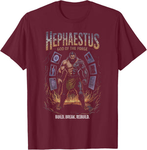 Hephaestus Cyber Arm God of the Forge Build Power Flames T-Shirt - T-Shirt | Maroon
