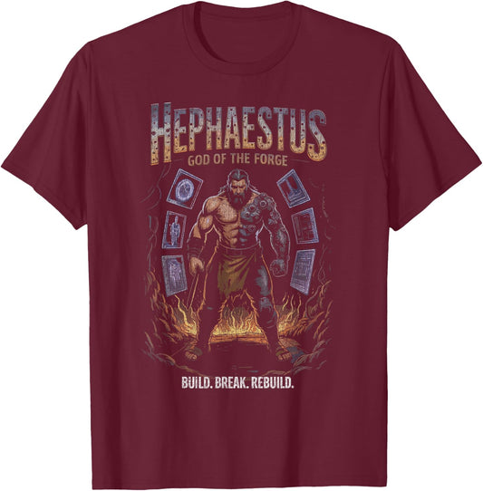 Hephaestus Cyber Arm God of the Forge Build Power Flames T-Shirt - T-Shirt | Maroon