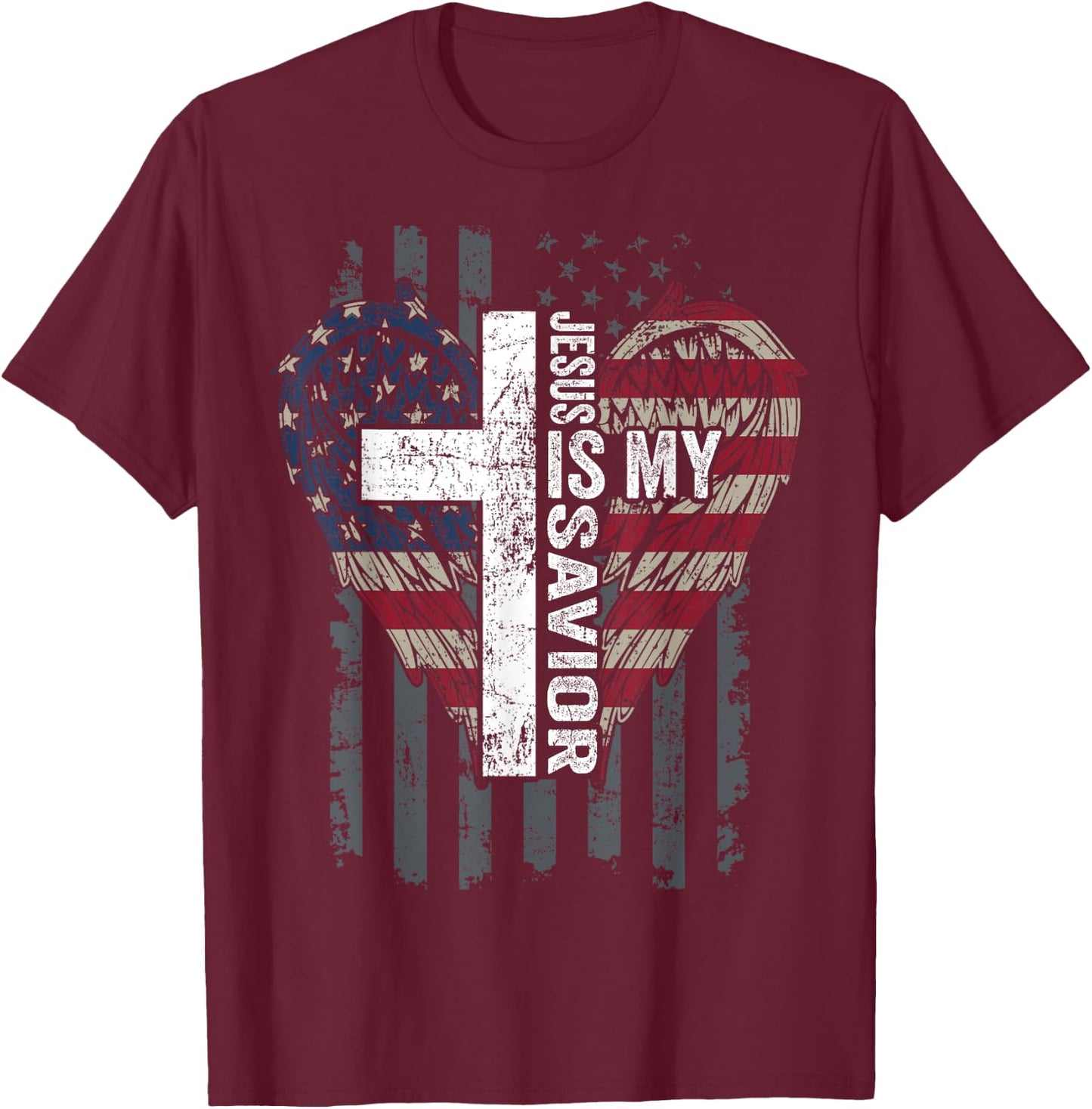 Jesus Is My Savior - Patriotic Christian Faith Cross Flag T-Shirt - T-Shirt | Maroon