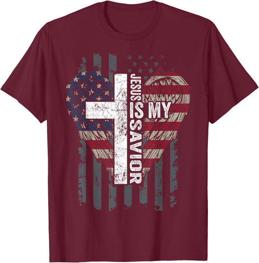 Jesus Is My Savior - Patriotic Christian Faith Cross Flag T-Shirt - T-Shirt | Maroon
