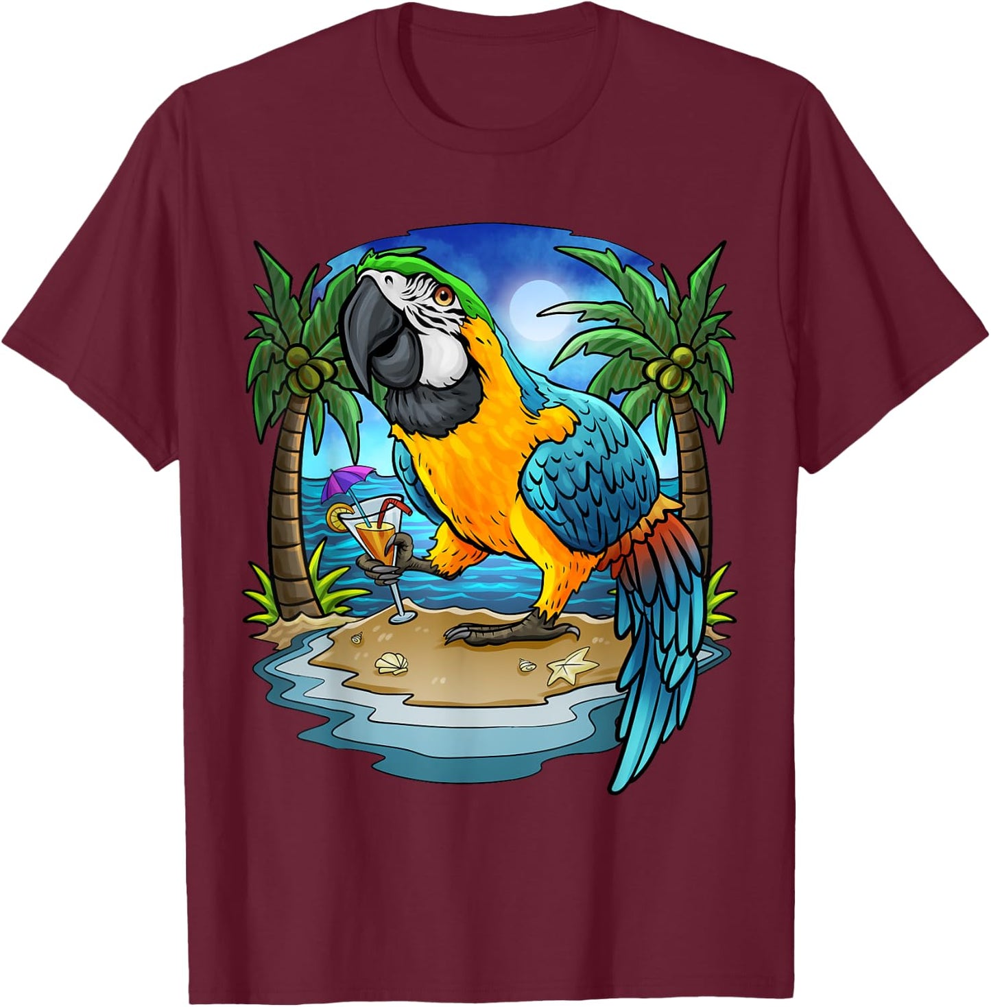 Blue and Gold Macaw Parrot Drinking Margaritas Vacation Bird T-Shirt - T-Shirt | Maroon