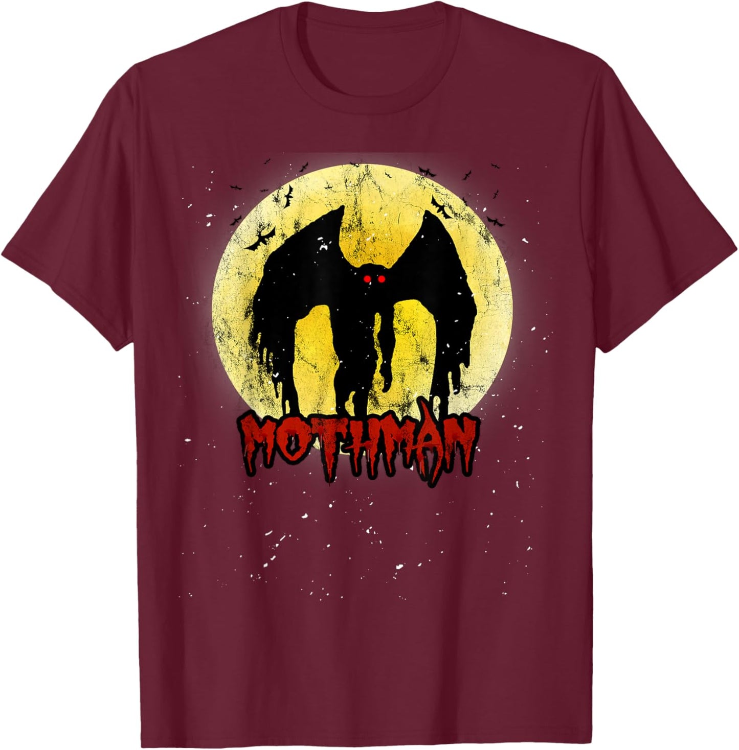 Yellow Moon with Bats and Mothman Folklore T-Shirt - T-Shirt | Maroon