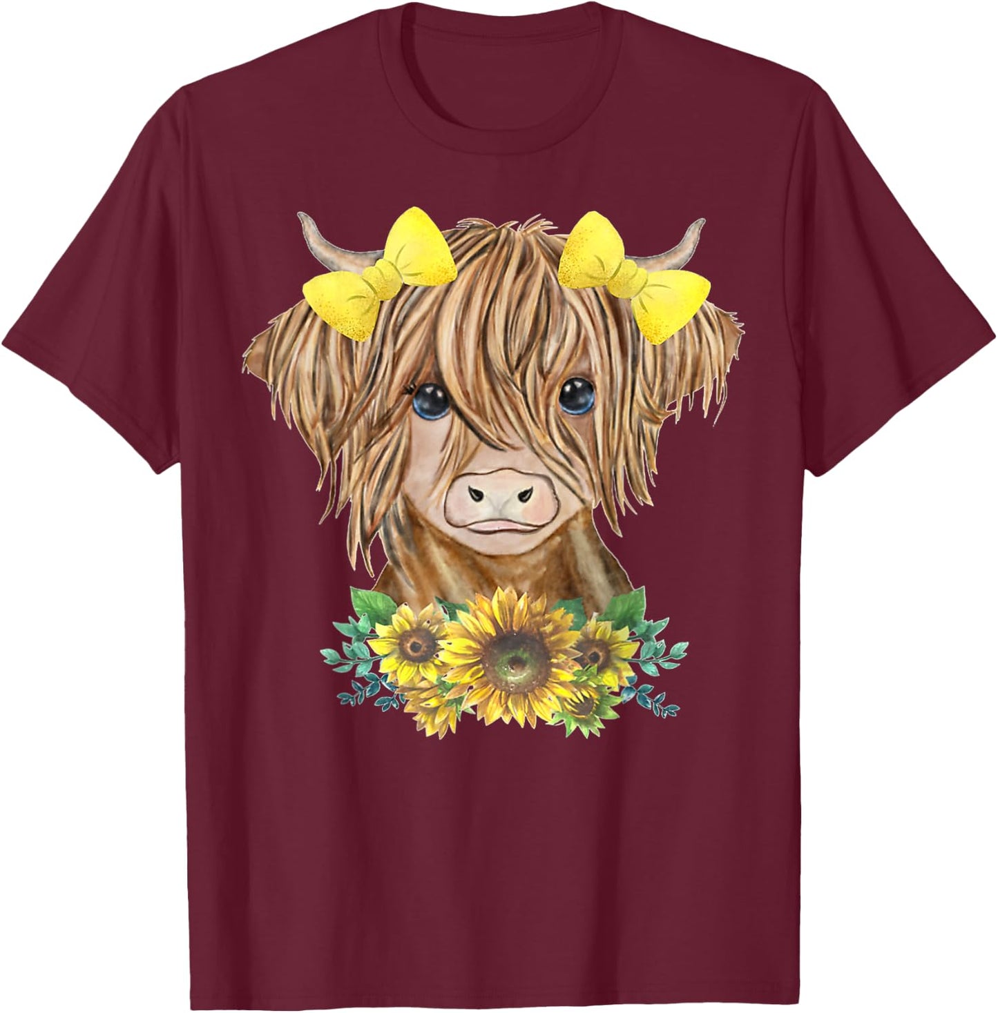 Highland Cow With Sunflowers T-Shirt - T-Shirt | Maroon