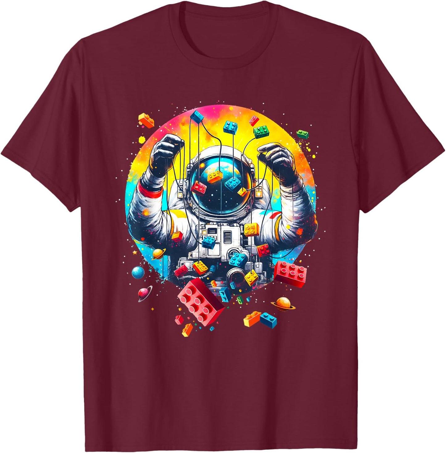Space Astronaut Master Builder Funny Building Blocks and Stones T-Shirt - T-Shirt | Maroon