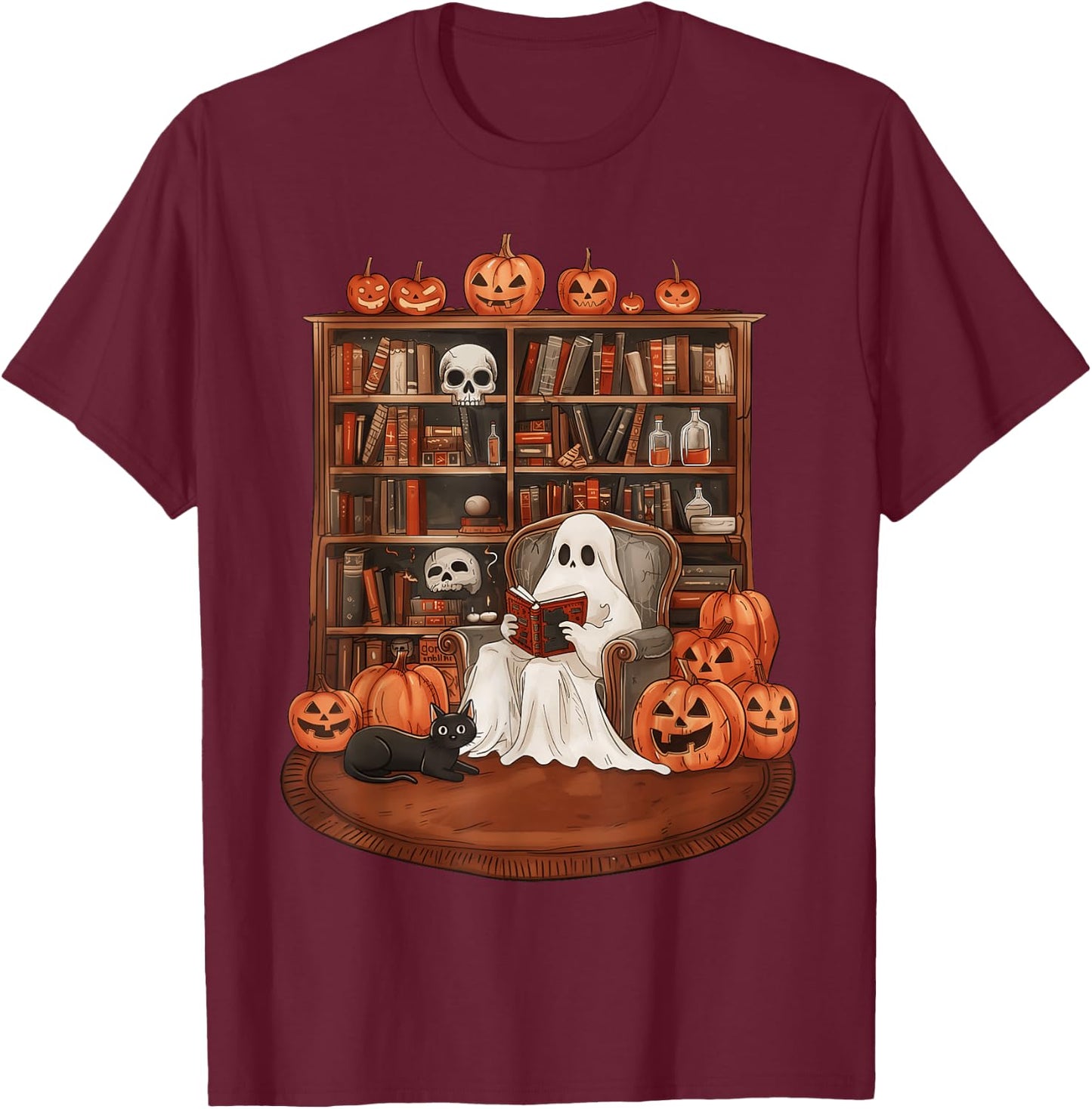 Ghost Book Reading Teacher Halloween Librarian Book Lovers T-Shirt - T-Shirt | Maroon