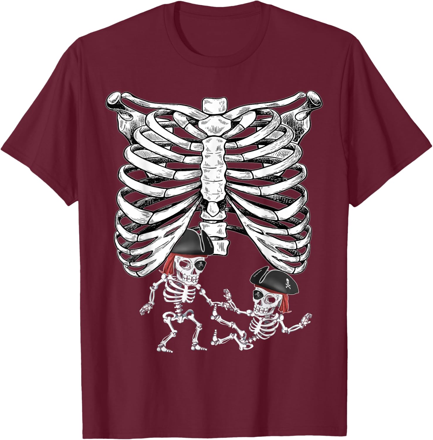 Skeleton Pregnancy Halloween Twins Pirates T-Shirt - T-Shirt | Maroon