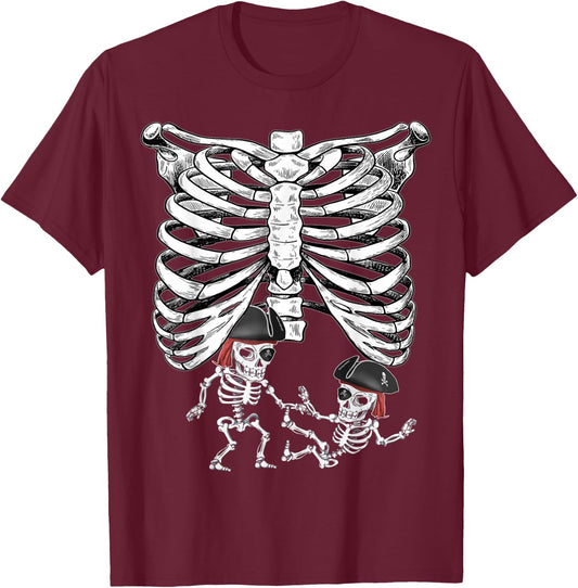 Skeleton Pregnancy Halloween Twins Pirates T-Shirt - T-Shirt | Maroon