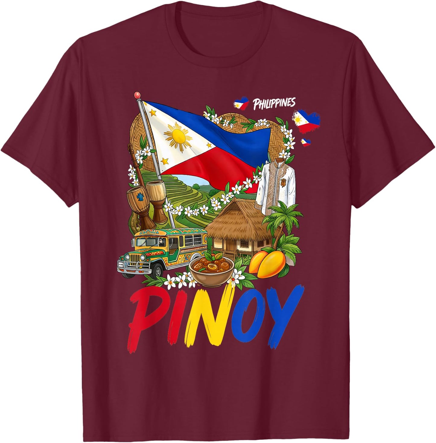 Pinoy Filipino Cultural Outfit Idea for Kids Philippine Flag T-Shirt - T-Shirt | Maroon