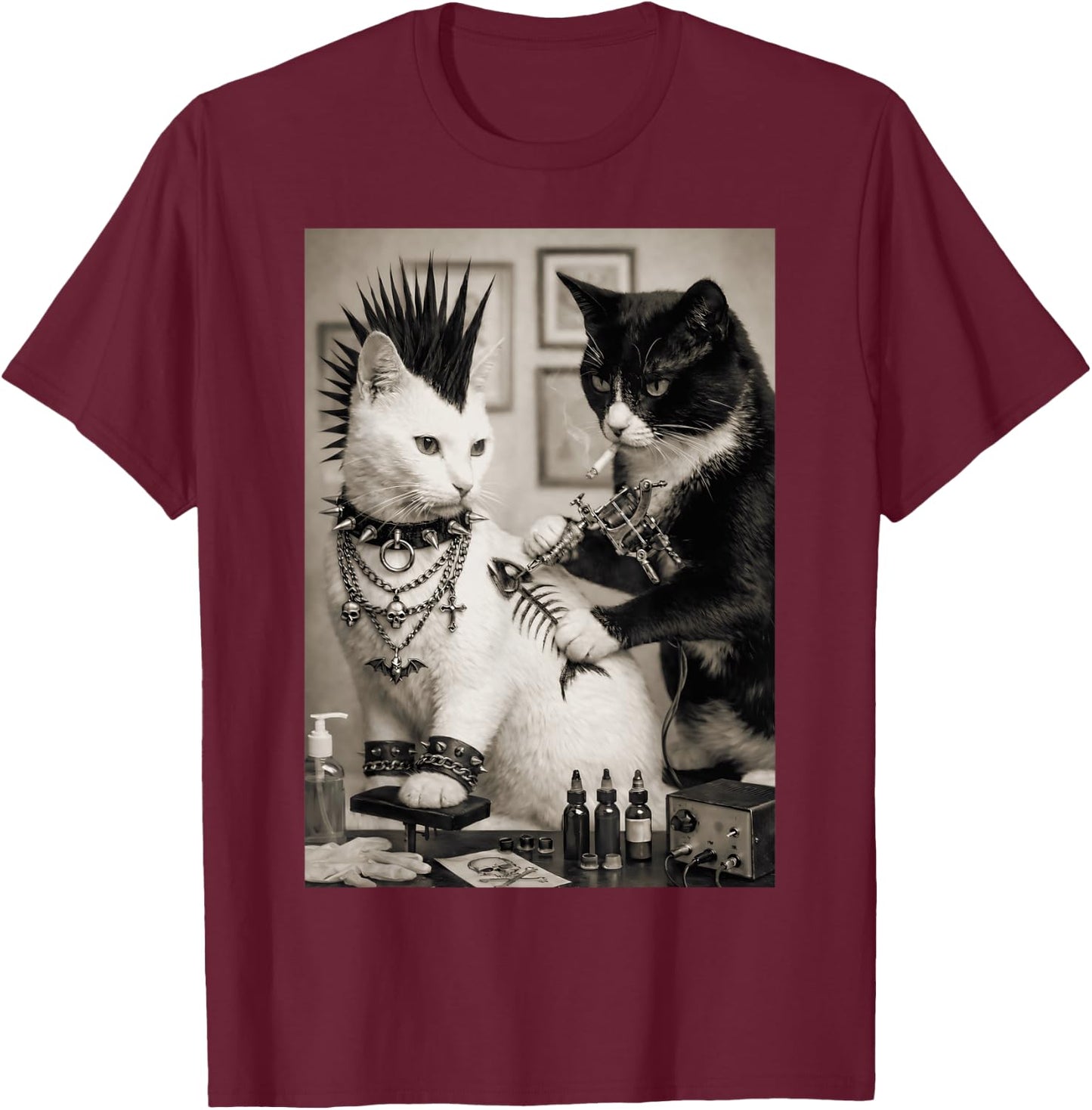 Funny Punk Tattoo Cats Rockabilly Art Meme Humor T-Shirt - T-Shirt | Maroon