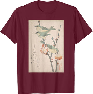 Japanese Art Birds White-eyes on a Branch of Peach Tree T-Shirt - T-Shirt | Maroon