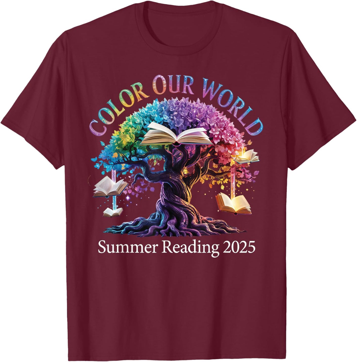 Color Our World Summer Reading 2025 Tree Book Lover T-Shirt - T-Shirt | Maroon
