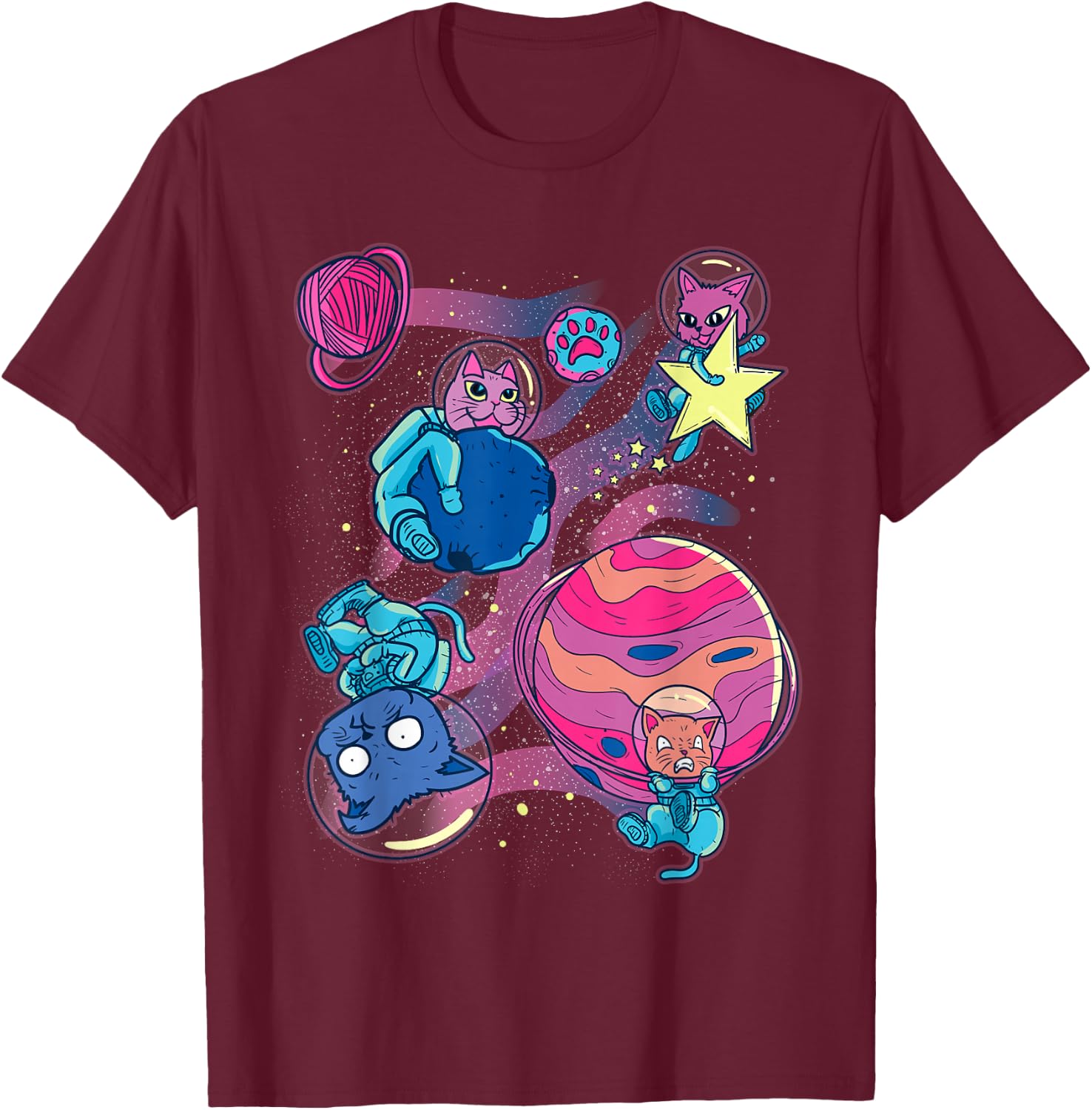 Funny Cat Astronaut Planets Outer Space Traveler T-Shirt - T-Shirt | Maroon