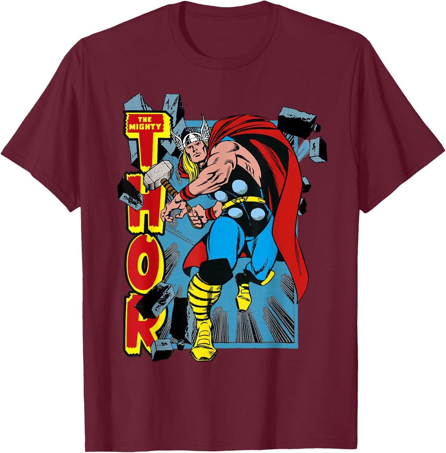 Marvel Classic The Mighty Thor Break Through Poster Style T-Shirt - T-Shirt | Maroon