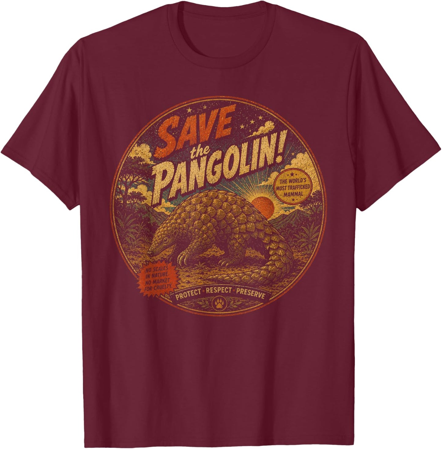 Save the Pangolin Vintage Wildlife Conservation T-Shirt - T-Shirt | Maroon