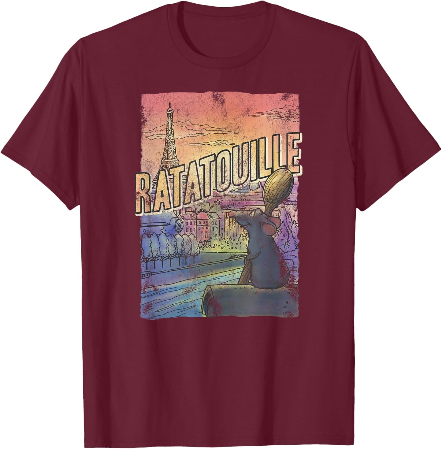 Disney Pixar Ratatouille Remy City View Poster T-Shirt - T-Shirt | Maroon